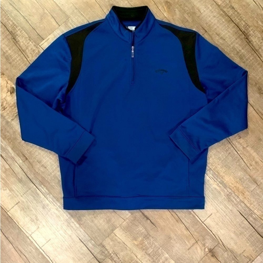 Callaway‎ Mens XXL Blue Black Quarter Zip Fleece Pullover Golf Jacket Pockets